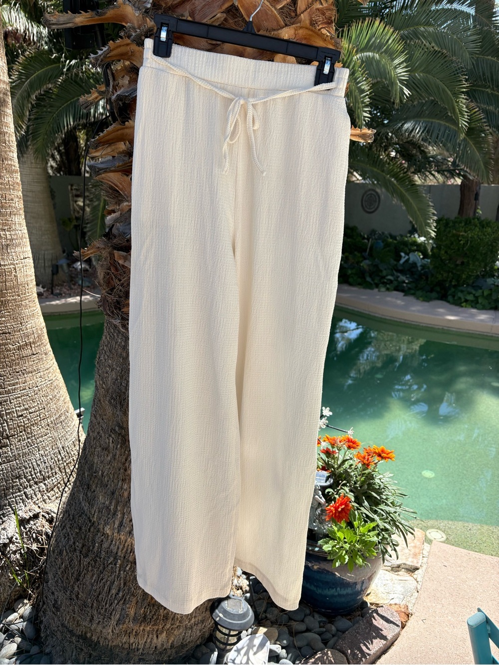 Cream Drawstring Wide-Leg Pants